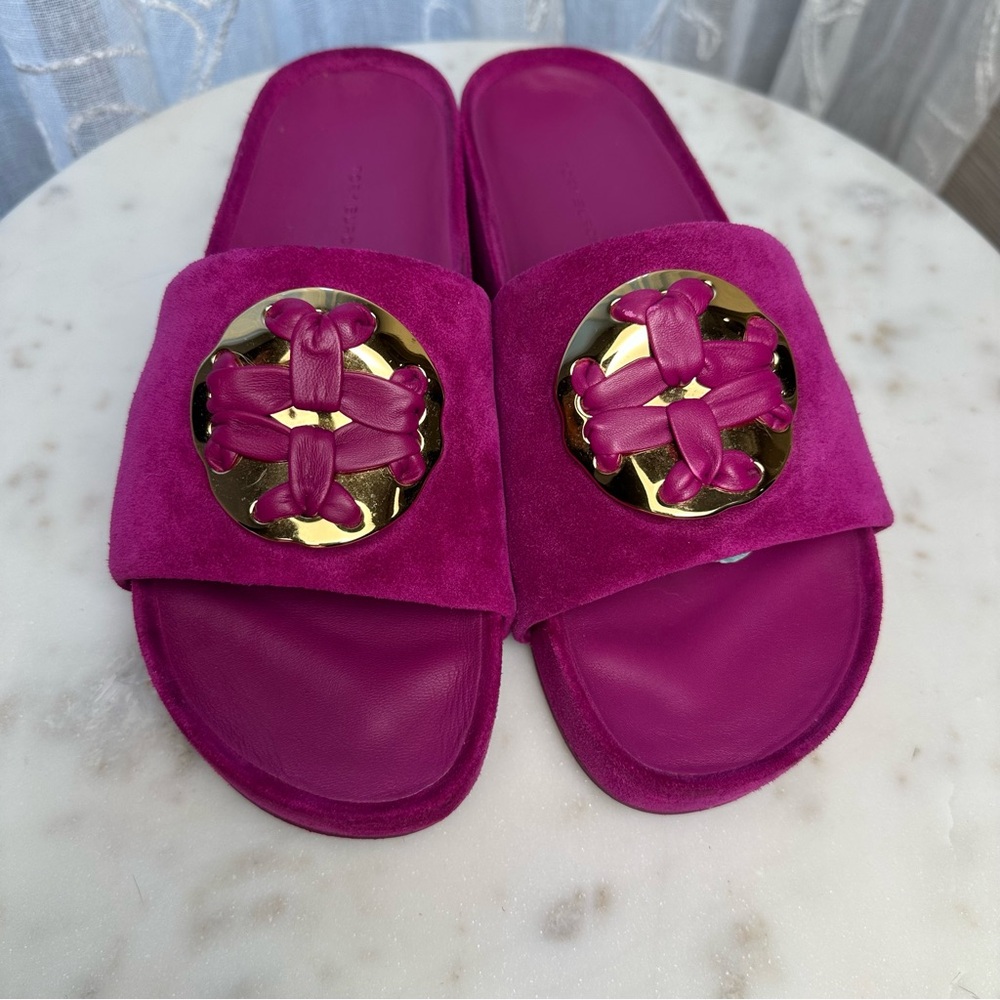 Tory Burch Woven Double T Slide Sandals in Fuchsia  8.5 - Picture 4 of 8